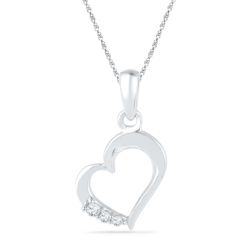 Diamond Accent Three Stone Tilted Heart Pendant in 10K White Gold