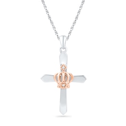 Diamond Accent Cross with Crown Pendant in Sterling Silver and 10K Rose Gold