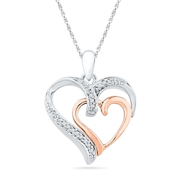 Diamond Accent Double Heart Pendant in Sterling Silver and 10K Rose Gold