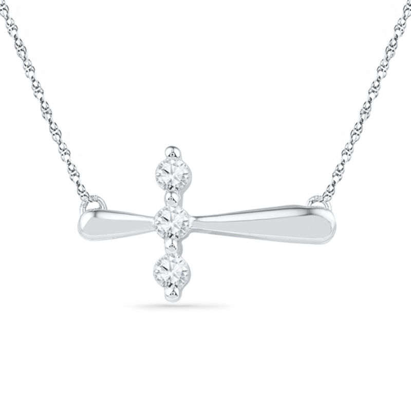 0.16 CT. T.W. Diamond Three Stone Sideways Cross Necklace in Sterling Silver
