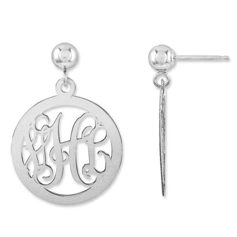 Monogram Circle Drop Earrings in Sterling Silver (3 Initials)