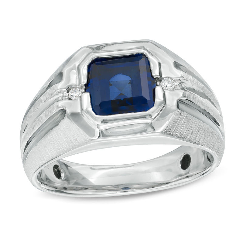 Men s 8.0mm Octagonal Lab Created Blue Sapphire and Diamond Accent Ring in Sterling Silver Peoples Jewellers