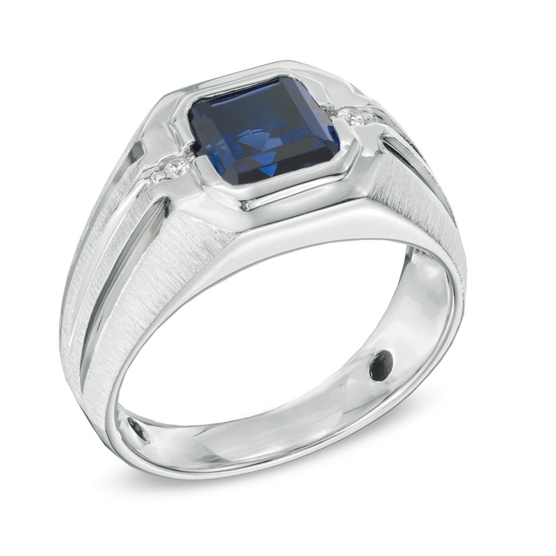 Men's 8.0mm Octagonal Lab-Created Blue Sapphire and Diamond Accent Ring in Sterling Silver