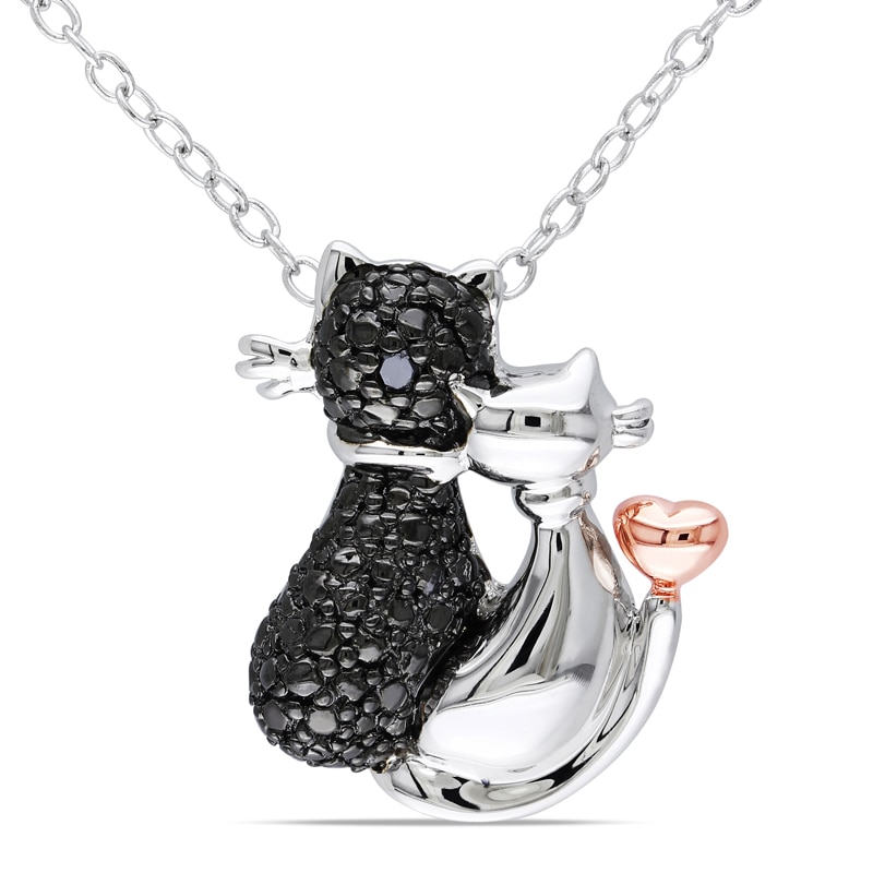 Black Diamond Accent Loving Cats Pendant in Two-Tone Sterling Silver with Beaded Black Rhodium