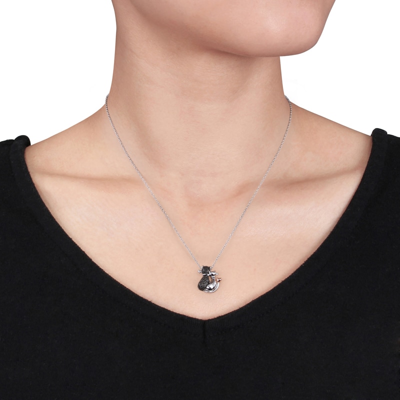 Black Diamond Accent Loving Cats Pendant in Two-Tone Sterling Silver with Beaded Black Rhodium