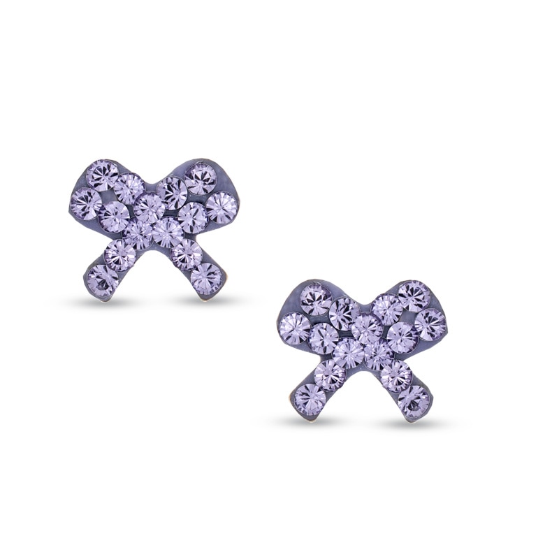 Child's Purple Crystal Bow Stud Earrings in 14K Gold