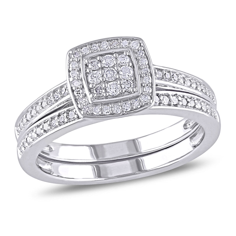 Main Image 1 of 0.24 CT. T.W. Multi-Diamond Square Frame Bridal Set in Sterling Silver