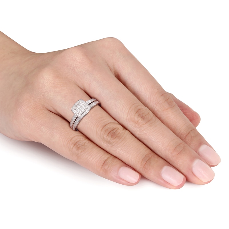 Main Image 3 of 0.24 CT. T.W. Multi-Diamond Square Frame Bridal Set in Sterling Silver