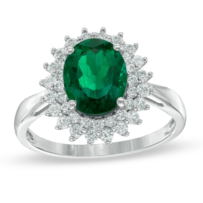 Oval Lab-Created Emerald and White Sapphire Ring in Sterling Silver|Peoples Jewellers