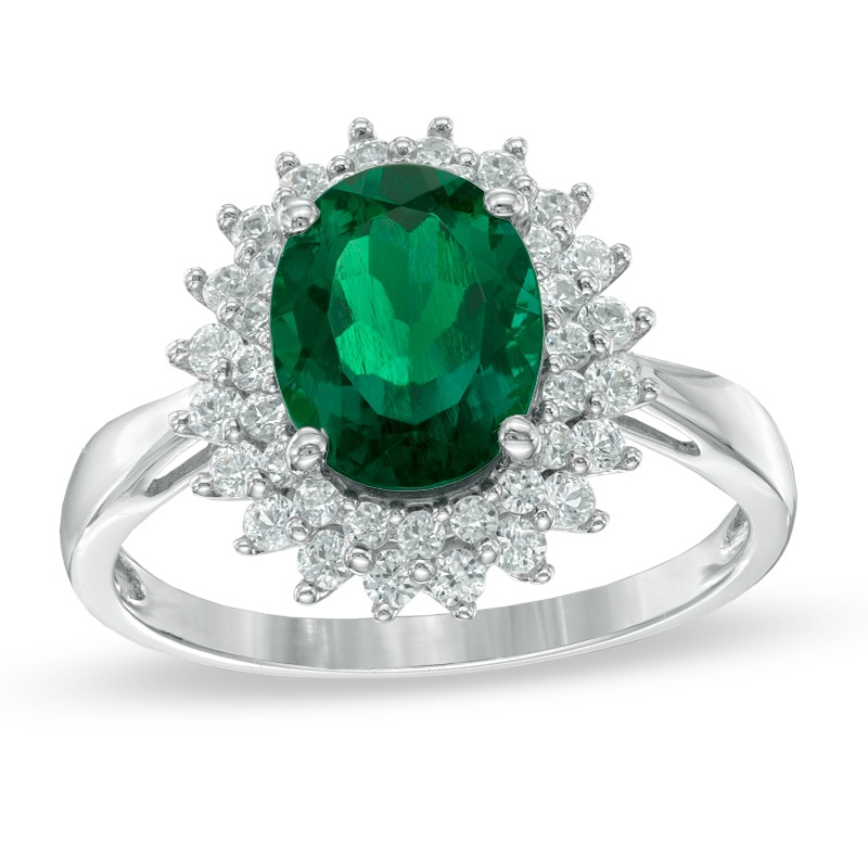 Main Image 1 of Oval Lab-Created Emerald and White Sapphire Ring in Sterling Silver