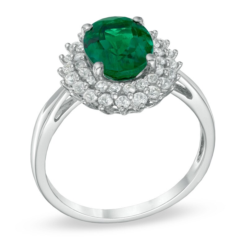 Main Image 2 of Oval Lab-Created Emerald and White Sapphire Ring in Sterling Silver