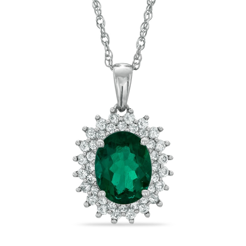 Oval Lab-Created Emerald and White Sapphire Pendant in Sterling Silver|Peoples Jewellers