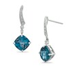 Thumbnail Image 0 of 7.0mm Cushion-Cut London Blue Topaz and Diamond Accent Drop Earrings in Sterling Silver