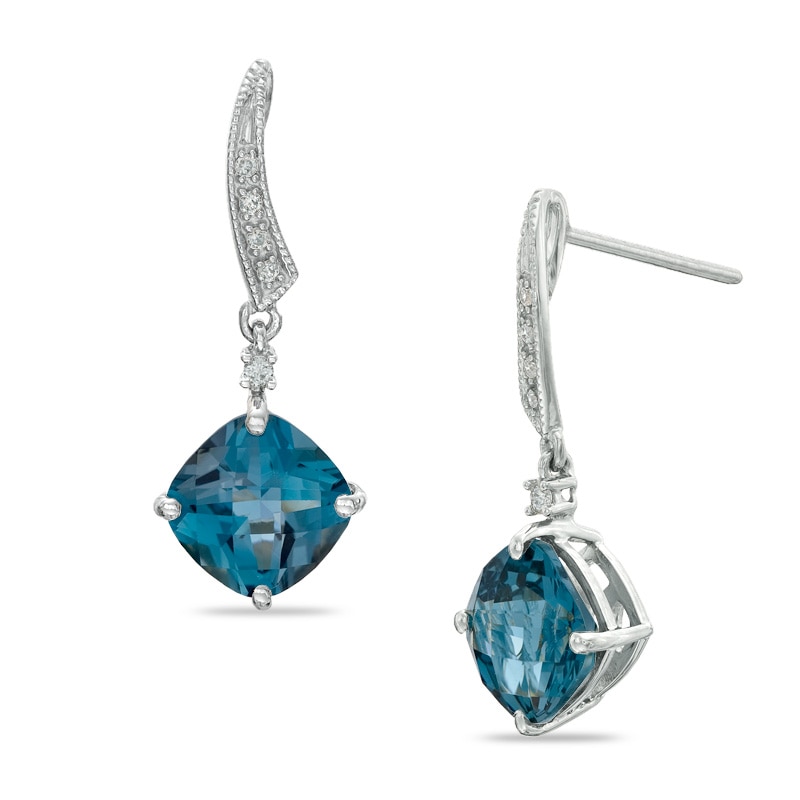 Main Image 1 of 7.0mm Cushion-Cut London Blue Topaz and Diamond Accent Drop Earrings in Sterling Silver