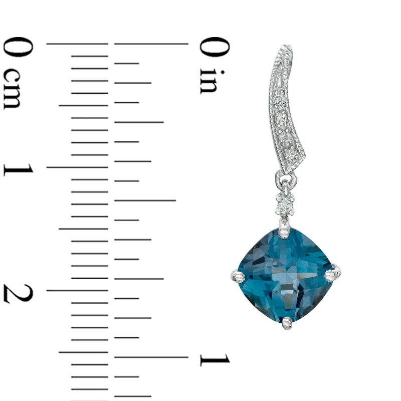 7.0mm Cushion-Cut London Blue Topaz and Diamond Accent Drop Earrings in Sterling Silver
