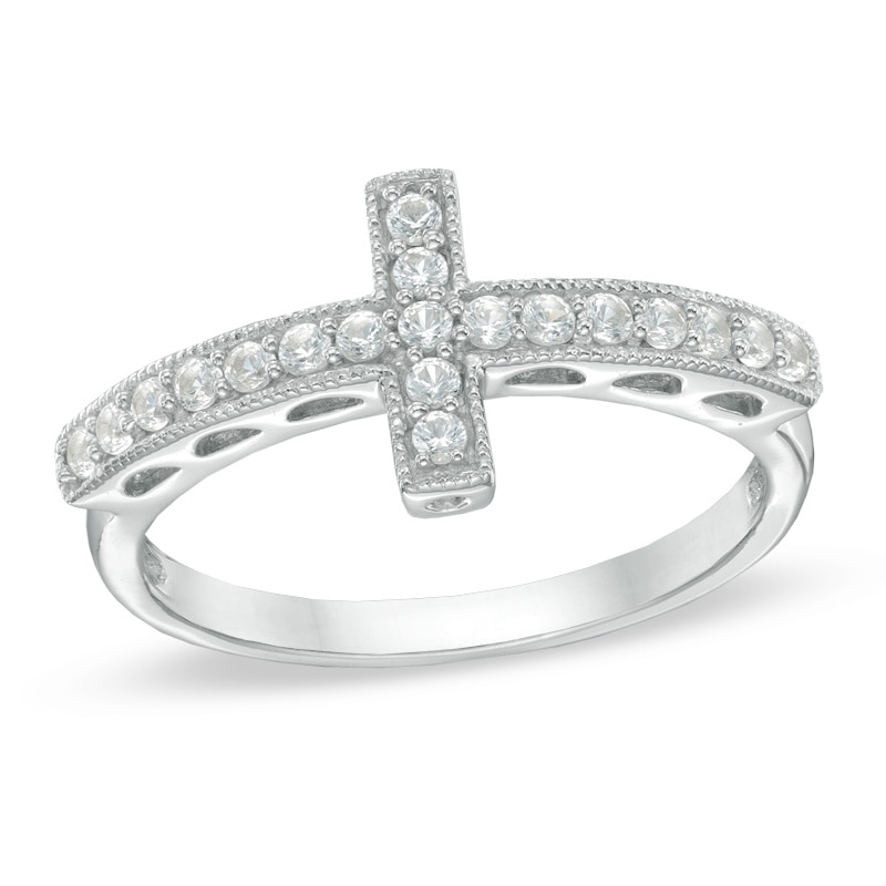 Lab-Created White Sapphire Sideways Cross Ring in Sterling Silver