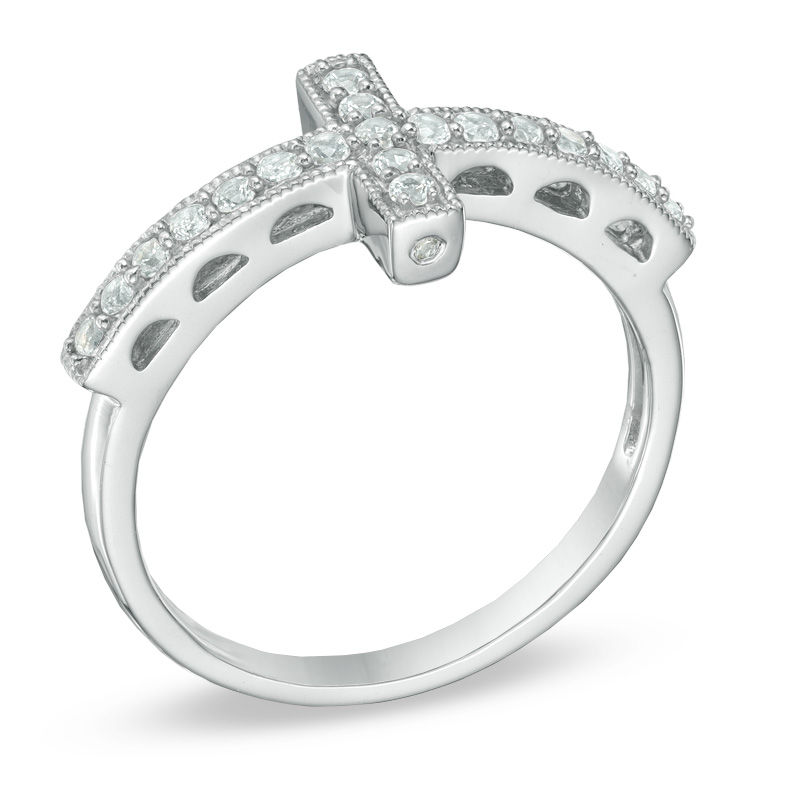 Lab-Created White Sapphire Sideways Cross Ring Sterling Silver