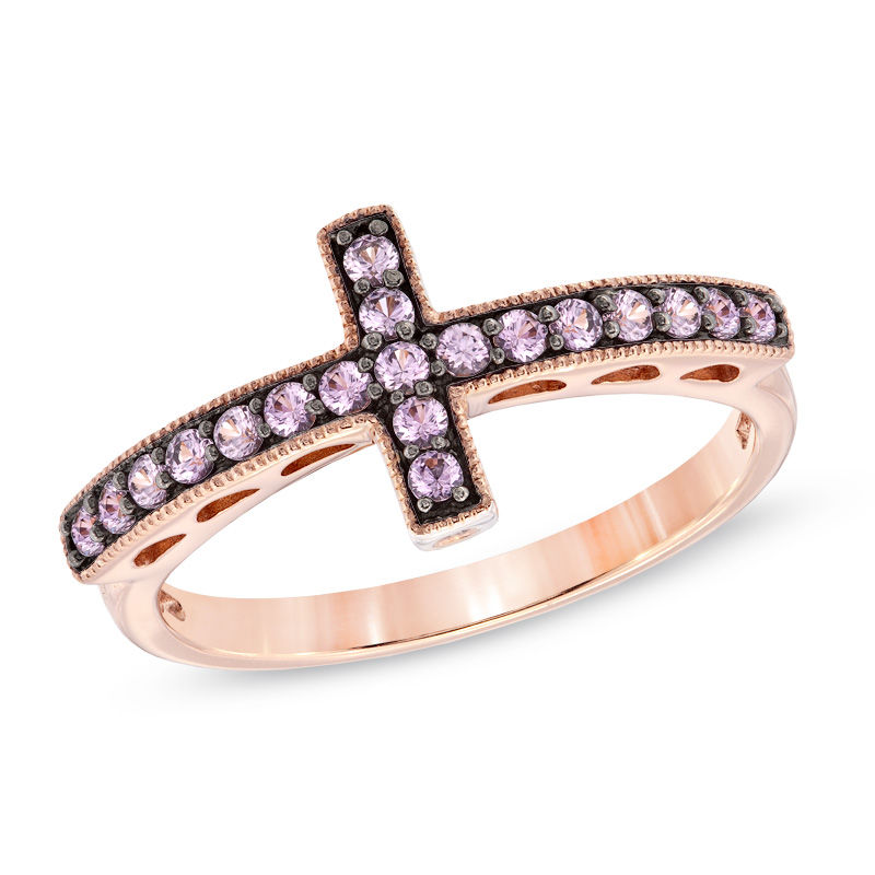 Lab-Created Pink and White Sapphire Sideways Cross Ring in Sterling Silver with 14K Rose Gold Plate