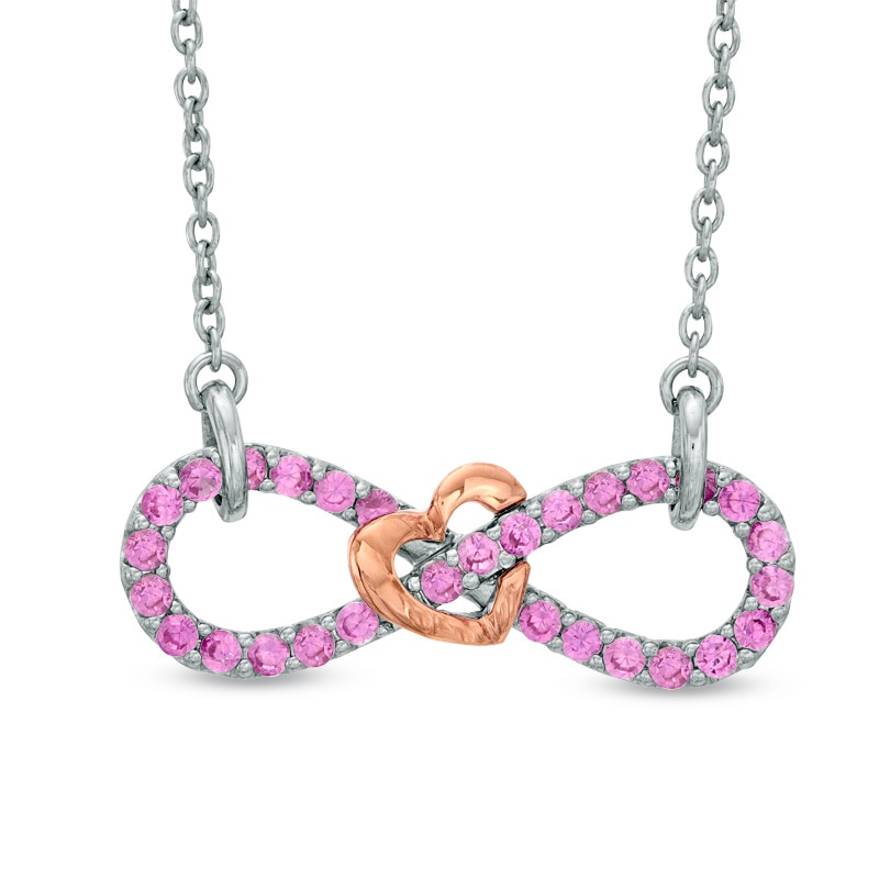 Main Image 1 of Lab-Created Pink Sapphire Infinity Necklace in Two-Tone Sterling Silver