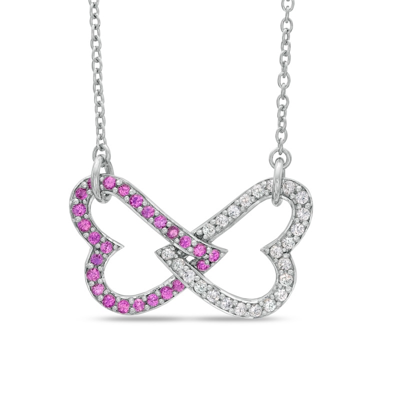 Lab-Created Pink and White Sapphire Interlocked Heart Necklace in Sterling Silver