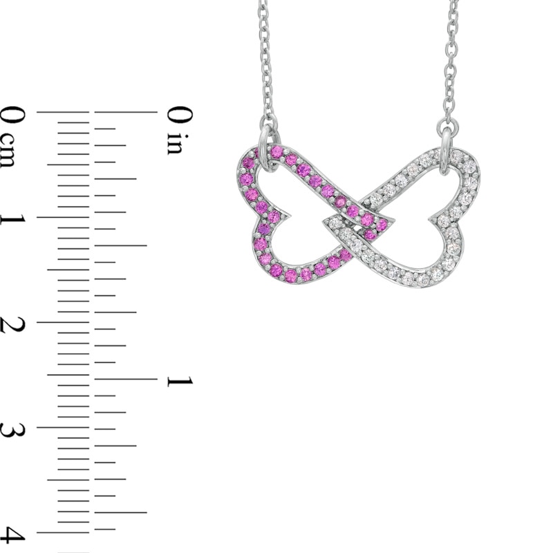 Lab-Created Pink and White Sapphire Interlocked Heart Necklace in Sterling Silver