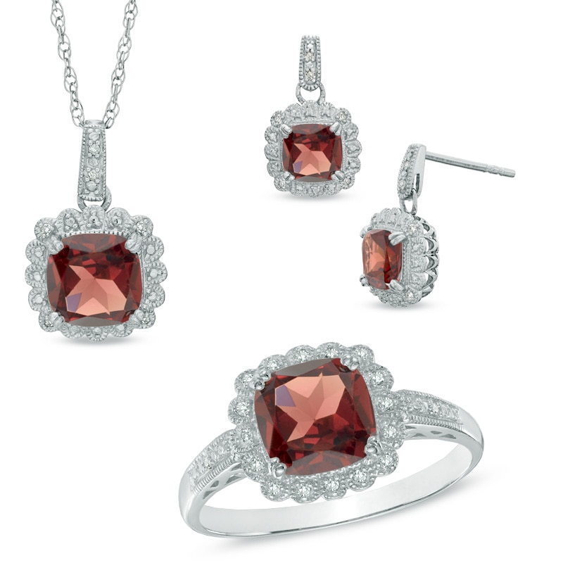 Garnet and 0.11 CT. T.W. Diamond Pendant, Ring and Earrings Set in Sterling Silver - Size 7|Peoples Jewellers