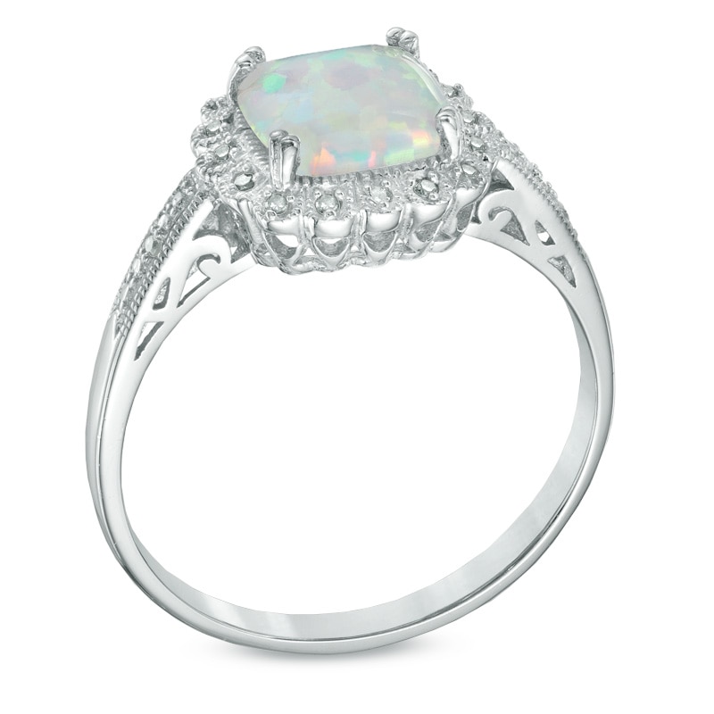 Main Image 2 of Lab-Created Opal and 0.11 CT. T.W. Diamond Pendant, Ring and Earrings Set in Sterling Silver - Size 7