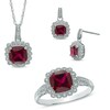 Lab-Created Ruby and 0.11 CT. T.W. Diamond Pendant, Ring and Earrings Set in Sterling Silver - Size 7