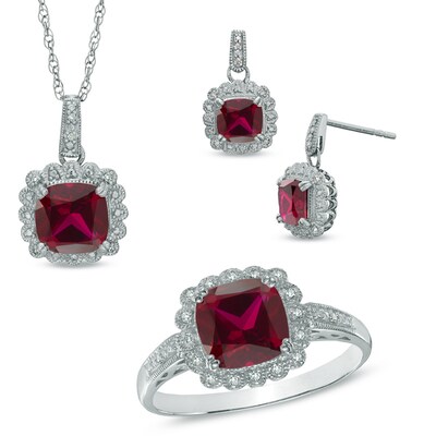Lab-Created Ruby and 0.11 CT. T.W. Diamond Pendant, Ring and Earrings Set in Sterling Silver - Size 7