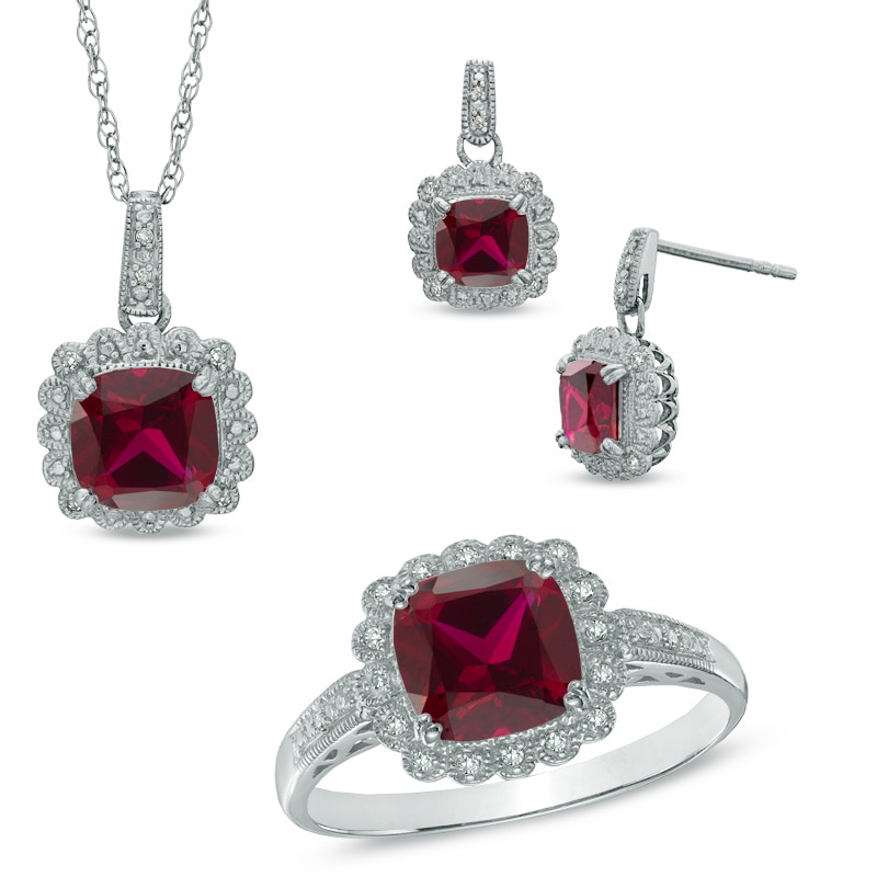 Lab-Created Ruby and 0.11 CT. T.W. Diamond Pendant, Ring and Earrings Set in Sterling Silver - Size 7