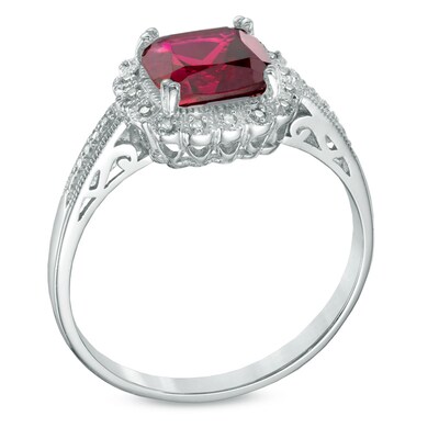 Lab-Created Ruby and 0.11 CT. T.W. Diamond Pendant, Ring and Earrings Set in Sterling Silver - Size 7