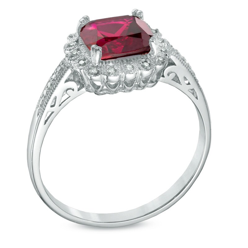 Lab-Created Ruby and 0.11 CT. T.W. Diamond Pendant, Ring and Earrings Set in Sterling Silver - Size 7