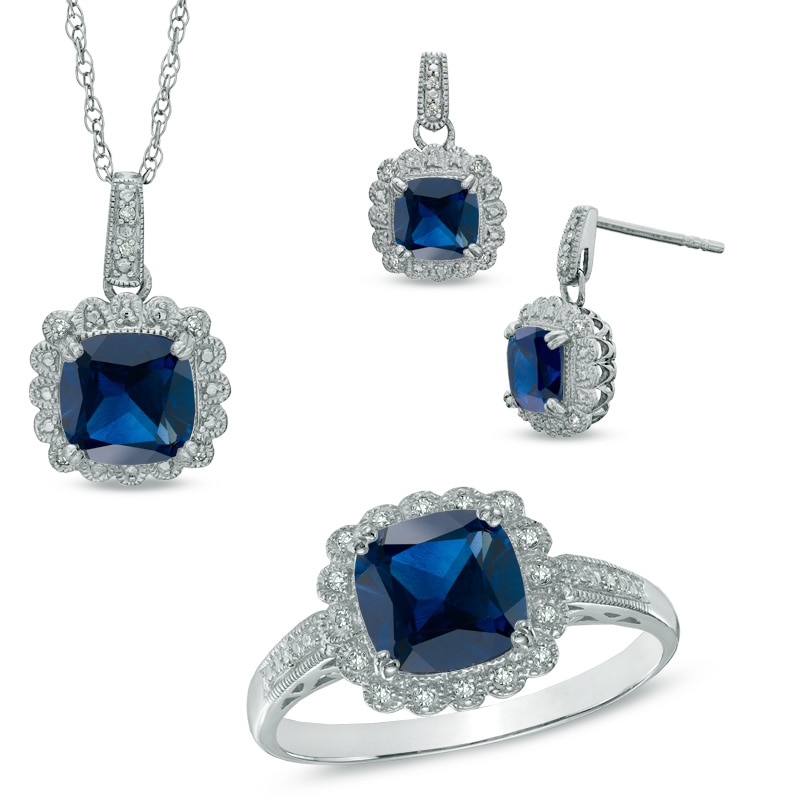 Lab-Created Blue Sapphire and 0.11 CT. T.W. Diamond Pendant, Ring and Earrings Set in Sterling Silver - Size 7