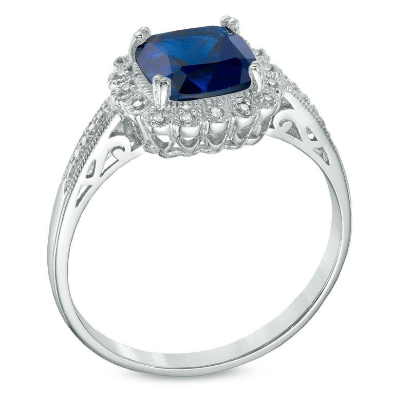 Lab-Created Blue Sapphire and 0.11 CT. T.W. Diamond Pendant, Ring and Earrings Set in Sterling Silver - Size 7
