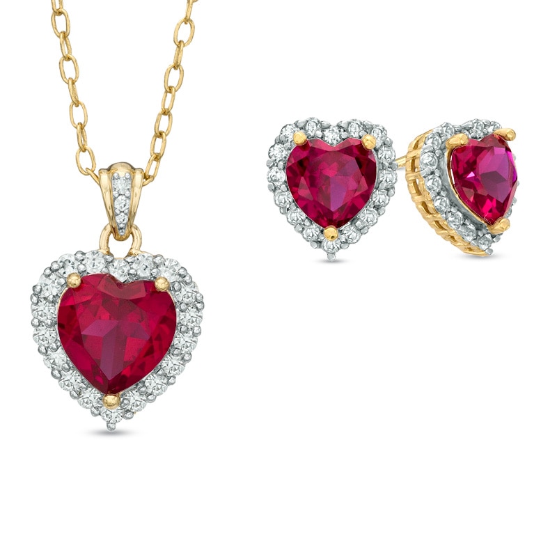 Heart-Shaped Lab-Created Ruby and White Sapphire Pendant and Earrings Set in Sterling Silver with 18K Gold Plate|Peoples Jewellers