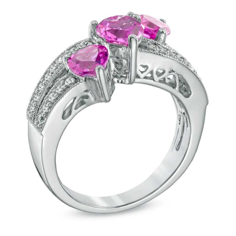 Heart-Shaped Lab-Created Pink and White Sapphire Three Stone Ring in Sterling Silver