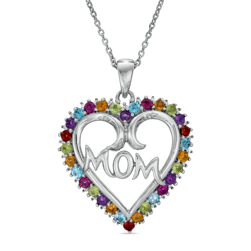 Multi-Gemstone and Diamond Accent "MOM" Heart Pendant in Sterling Silver|Peoples Jewellers