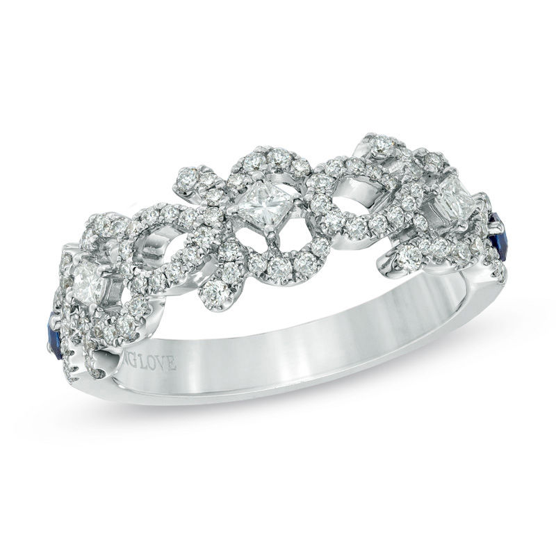 Vera Wang Love Collection 0.45 CT. T.W. Diamond and Blue Sapphire Curlique Band in 14K White Gold