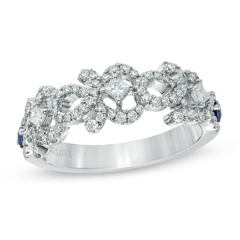 Main Image 1 of Vera Wang Love Collection 0.45 CT. T.W. Diamond and Blue Sapphire Curlique Band in 14K White Gold