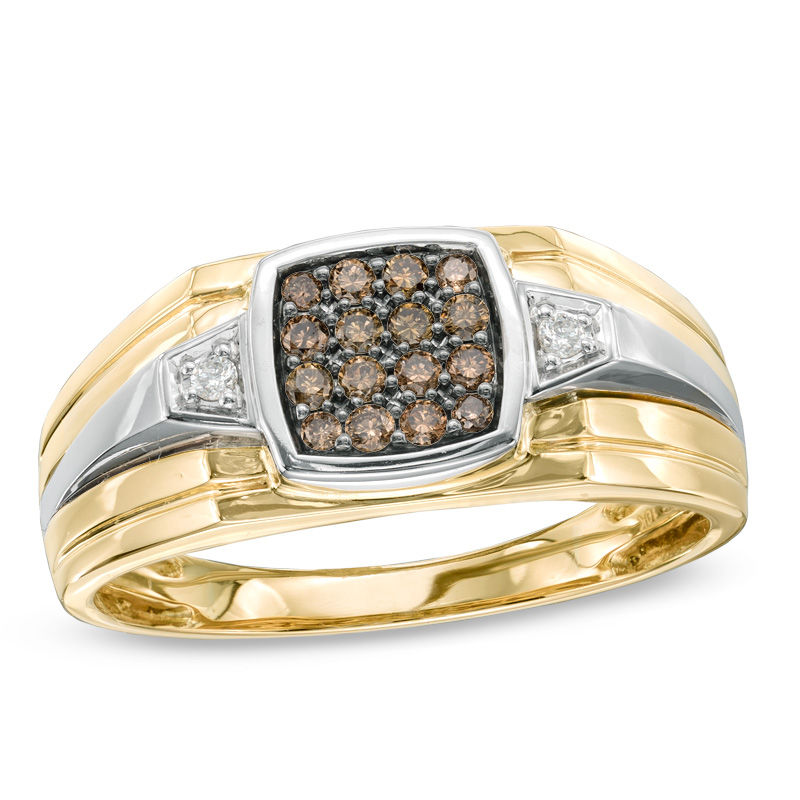 Men's 0.25 CT. T.W. Champagne and White Diamond Ring in 10K Two-Tone Gold