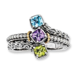 Mother's Cushion-Cut Simulated Birthstone Ring in Sterling Silver and 14K Gold (3 Stones)