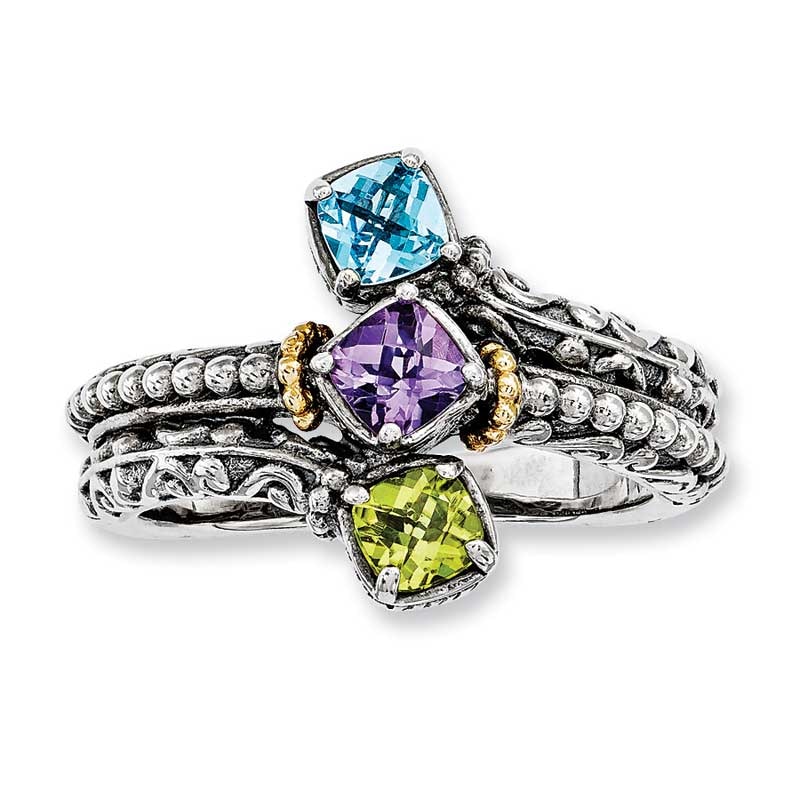 Main Image 1 of Mother's Cushion-Cut Simulated Birthstone Ring in Sterling Silver and 14K Gold (3 Stones)