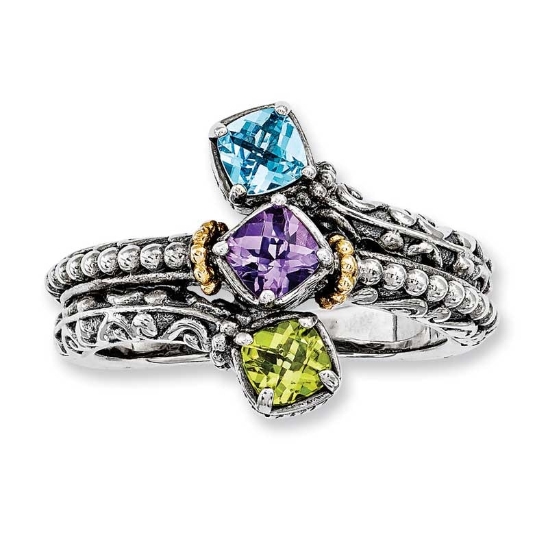 Mother's Cushion-Cut Simulated Birthstone Ring in Sterling Silver and 14K Gold (3 Stones)