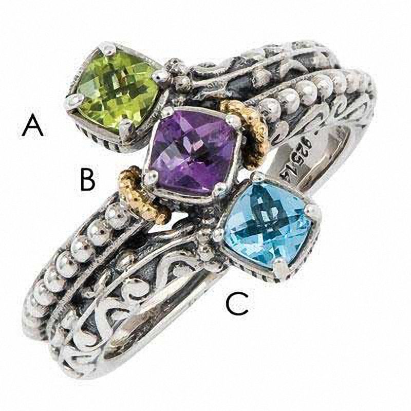 Mother's Cushion-Cut Simulated Birthstone Ring in Sterling Silver and 14K Gold (3 Stones)