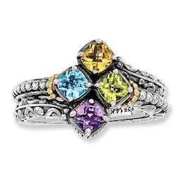 Mother's Cushion-Cut Simulated Birthstone Ring in Sterling Silver and 14K Gold (4 Stones)