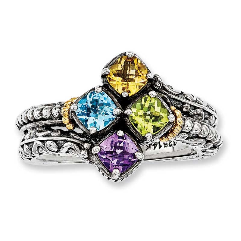 Sterling Silver & 14k Cushion Cut Family Mother's Birthstone Ring