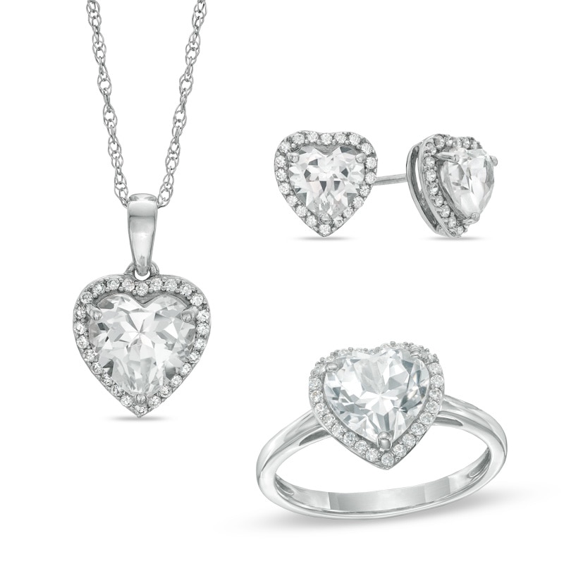 Heart-Shaped Lab-Created White Sapphire Pendant, Ring and Earrings Set in Sterling Silver - Size 7|Peoples Jewellers