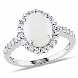 Oval Opal and White Lab-Created Sapphire Frame Ring in 10K White Gold
