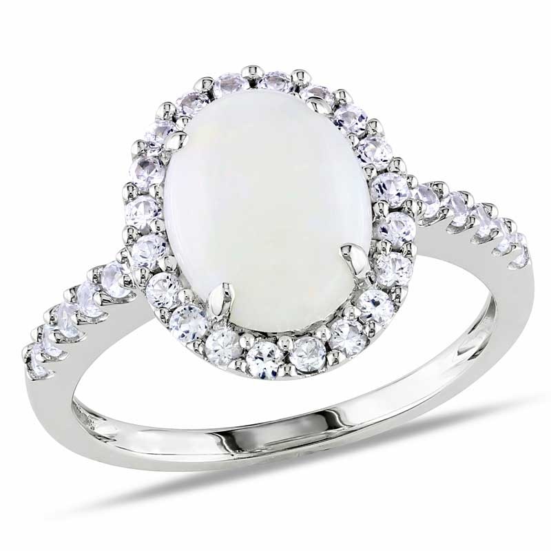 Oval Opal and White Lab-Created Sapphire Frame Ring in 10K White Gold