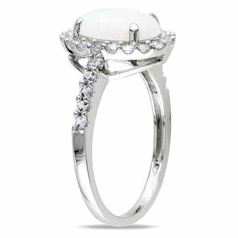 Peoples Oval Opal and White Lab Created Sapphire Frame Ring in 10K White Gold